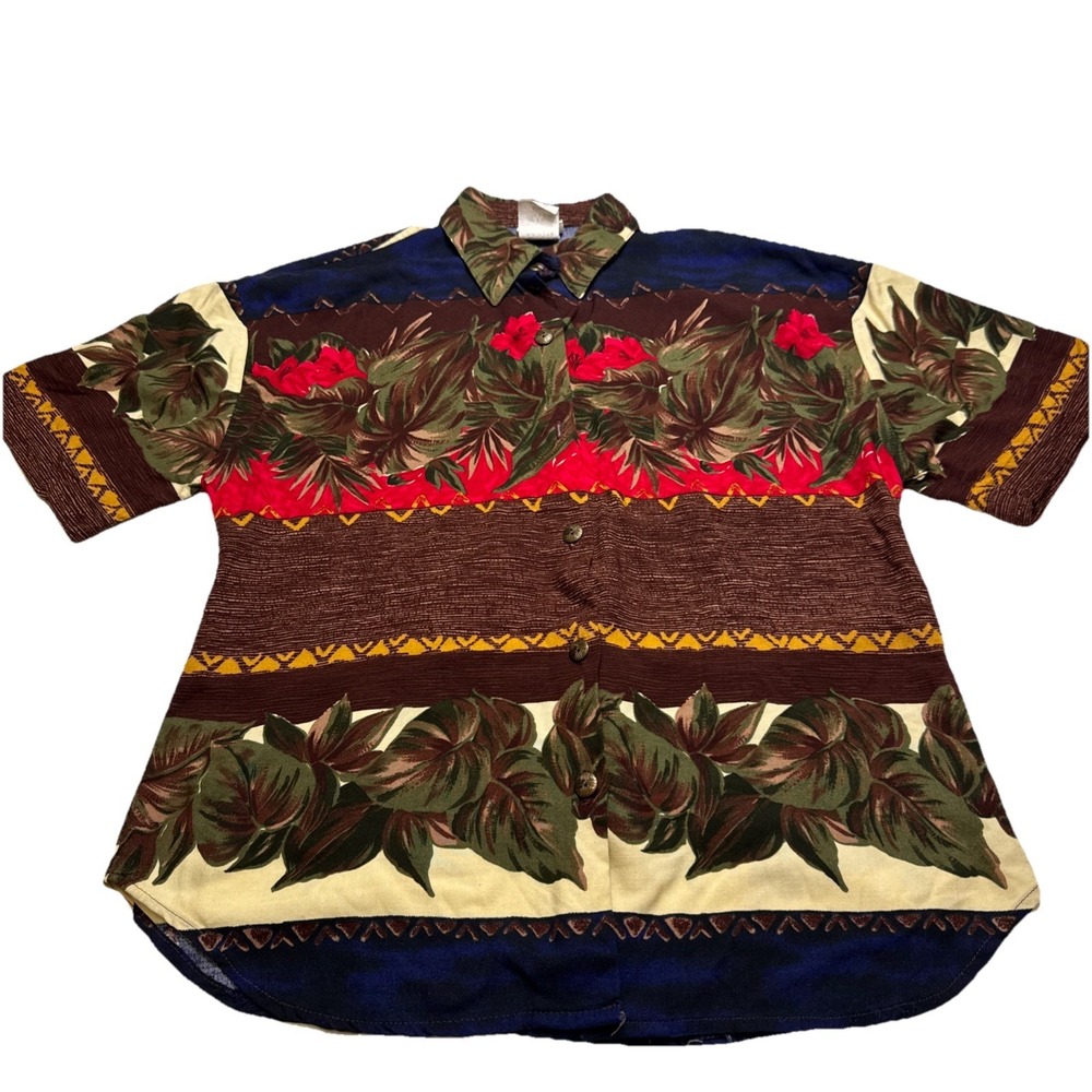 Just For Petites Vintage Tropical Floral Rayon‎ Button Up Shirt Burgundy 8348P